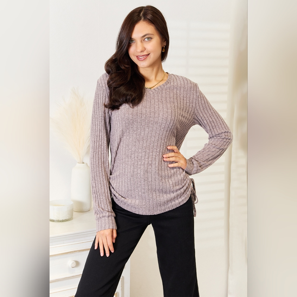 Double Take Drawstring Ribbed Long Sleeve T-Shirt